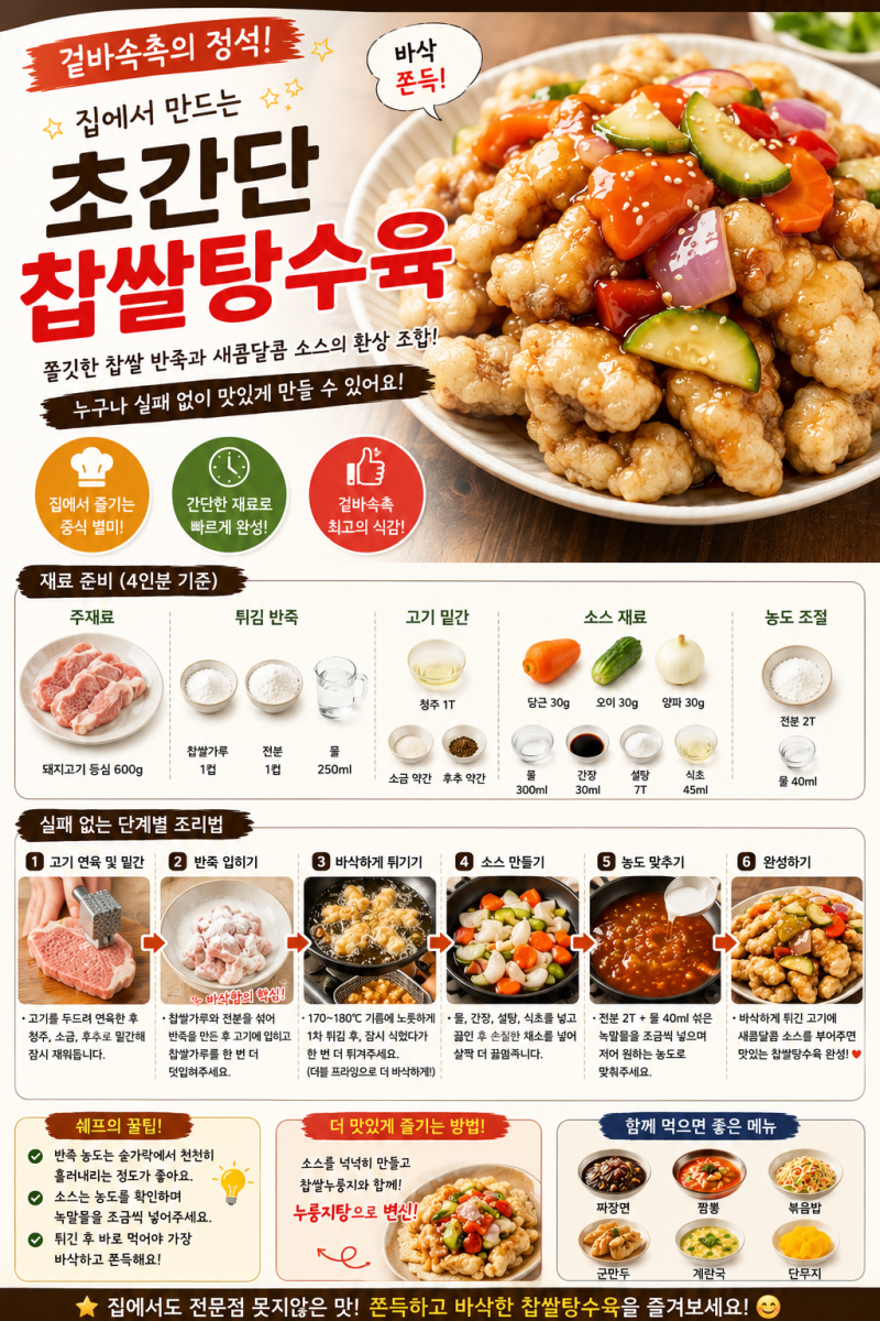 초간단 찹쌀탕수육 레시피, 집에서도 중식당처럼 바삭하게 만드는 비법,겉바속촉의 정석!