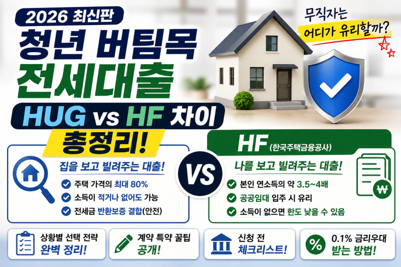 2026 청년 버팀목 전세대출 HUG vs HF 차이 총정리 ｜무직자는 어디가 유리할까?