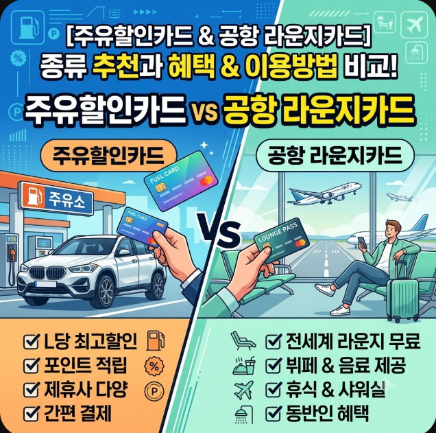 주유할인카드와 공항 라운지카드 종류 추천과 혜택 및 이용방법 비교
