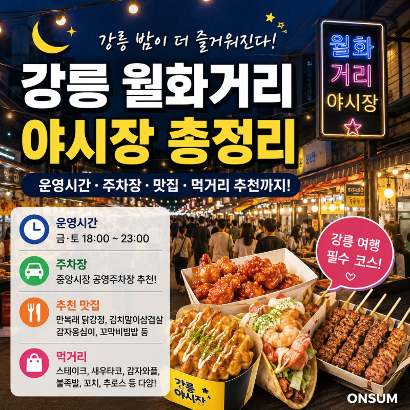 강릉 월화거리 야시장 2026 총정리｜운영시간·주차장·맛집·먹거리 추천까지