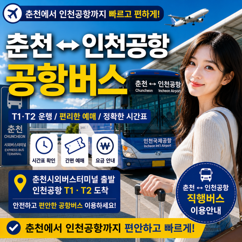 춘천 인천공항 버스 시간표·예매｜춘천시외버스터미널 T1·T2 노선·요금 안내