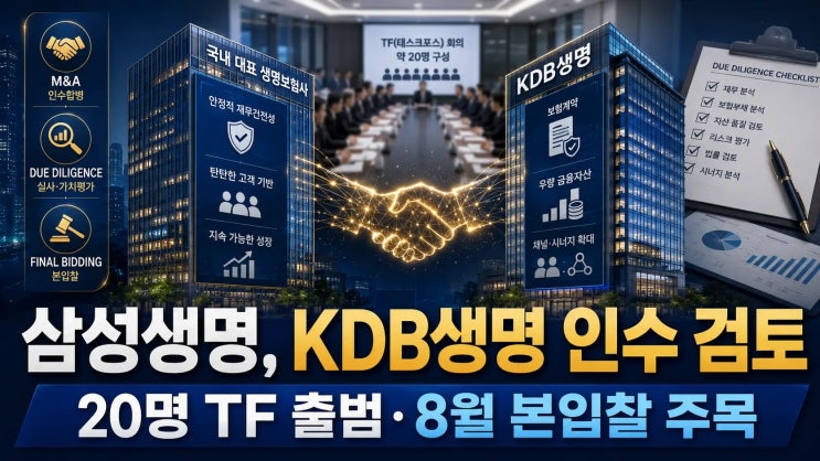 삼성<b>생명</b> <b>KDB생명</b> 인수 검토 본격화, 20명 TF 출범과 매각전 핵심 변수