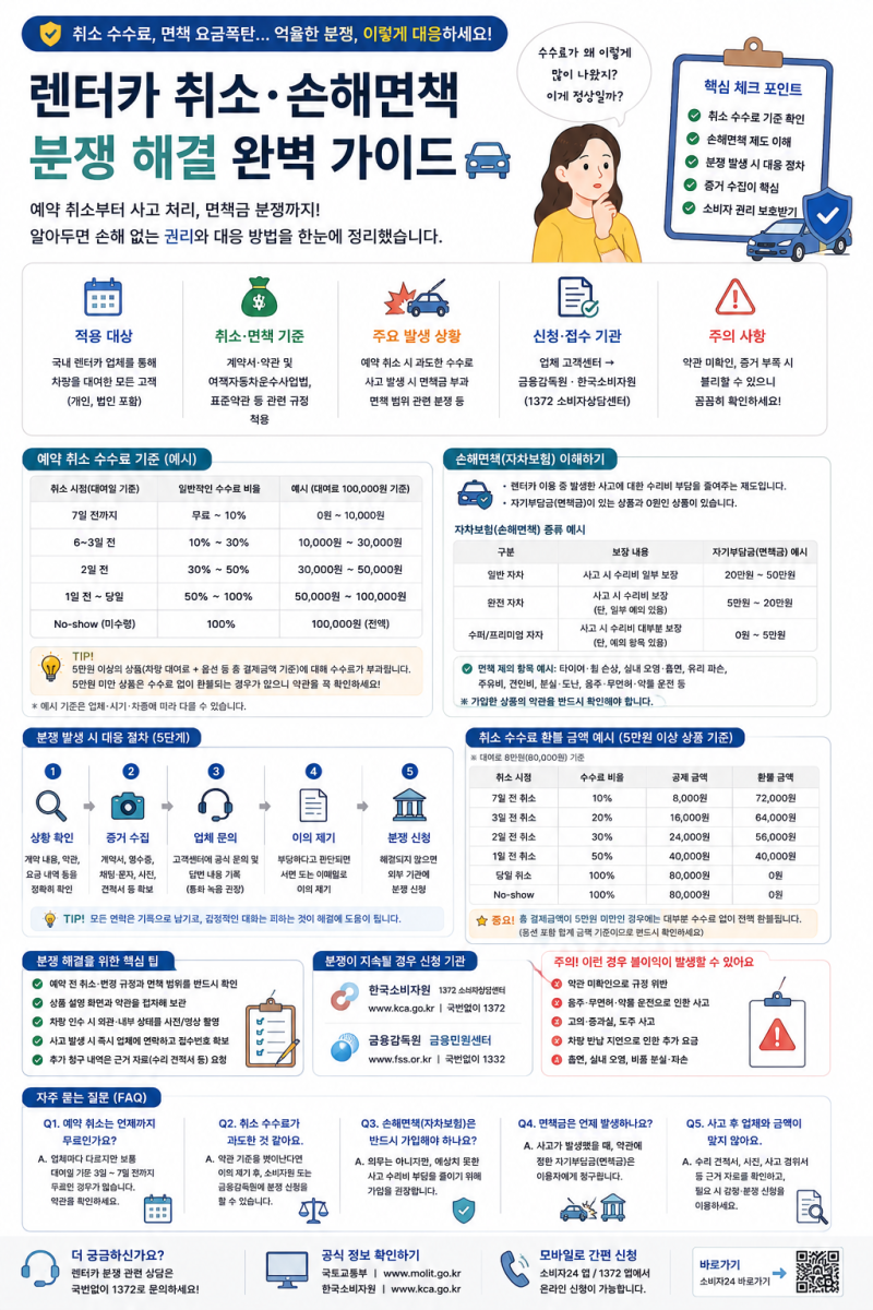 렌터카 예약 취소·사고 면책금 분쟁 가이드｜환불·휴차료·사진증거 체크