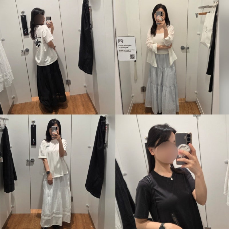 유니클로 대란템 티어드 맥시스커트/ 에어리즘 코튼티 원피스160대착샷 내돈내산 후기