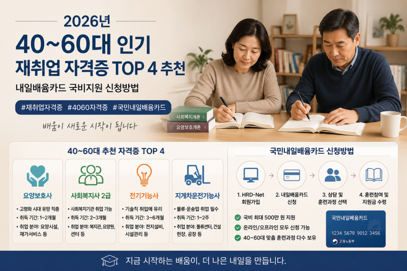[중장년 자격증] 은퇴 후 제2의 인생! 40대 50대 60대 재취업 자격증 추천 취업률 높은 TOP 4 국비....