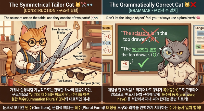 Summation Plurals (결합 복수 명사) 가위(scissors), 안경(eyeglasses), 타이즈(tights) ; “The scissors is... ....