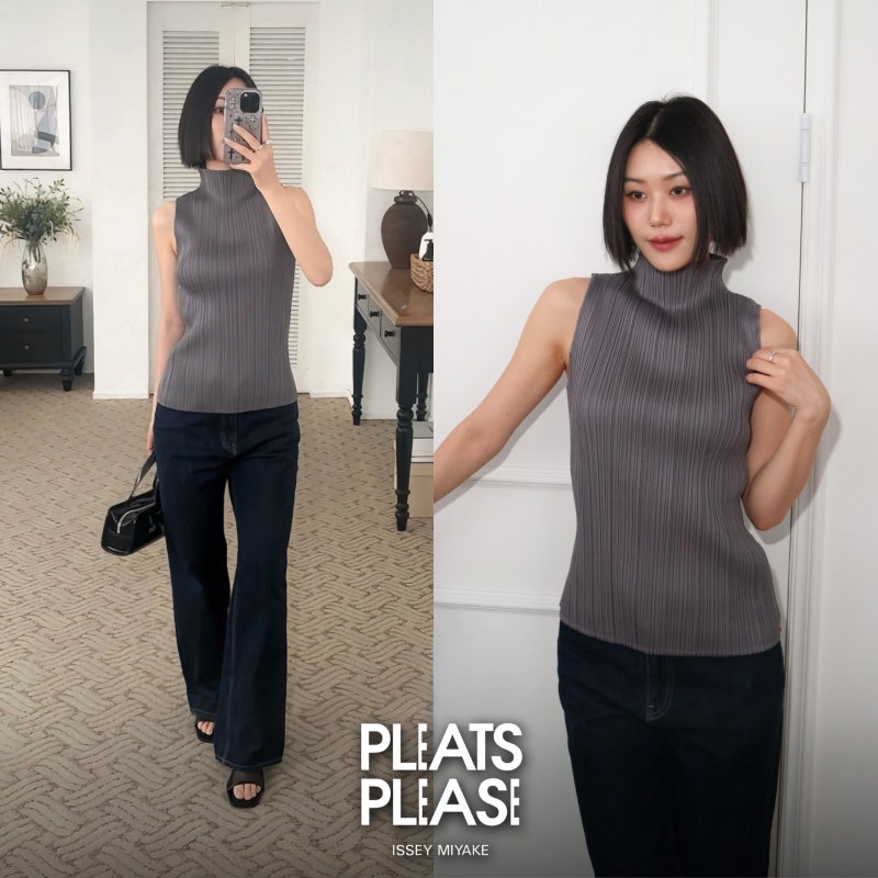 플리츠플리즈 베이직 하이넥 베스트 나시 탑 그레이 사이즈 후기 코디 팁! 여름 최애 플리츠....