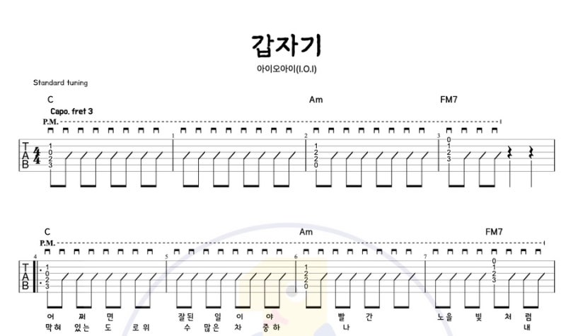 갑자기 - 아이오아이(I.O.I) | 쉬운 기타 커버 코드 타브악보 | 8비트 싱코페이션 팜뮤트