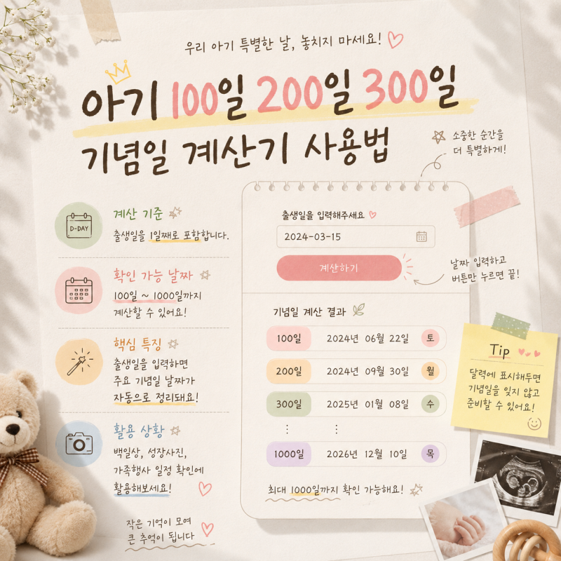 아기 백일(100일) 200일 300일 기념일 계산기 사용법