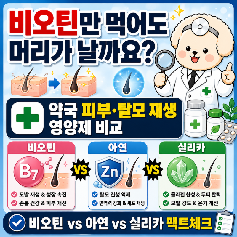 머리 빠지고 피부 칙칙할 때? 약국 재생 영양제 비오틴 vs 아연 vs 실리카 완벽 비교