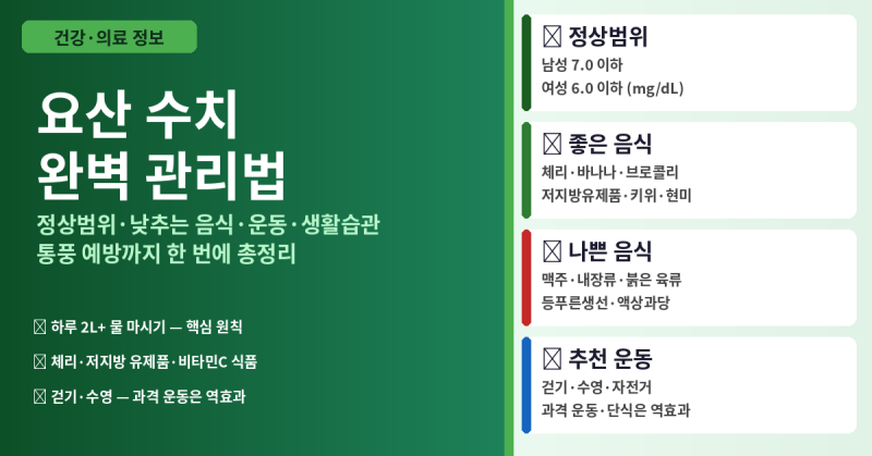 요산 수치 관리방법 총정리 — 정상범위·낮추는 음식·운동·생활습관