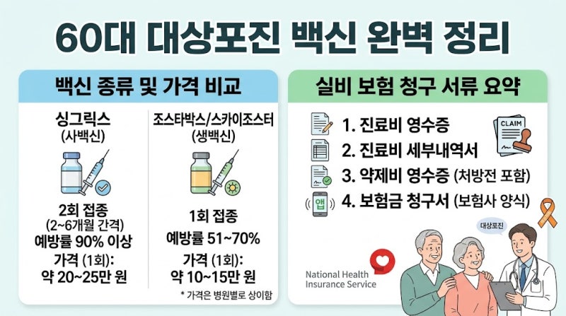 60대 부모님 대상포진 예방접종 가격 비교 및 실비 보험 비급여 청구 조건 필수 서류 정리
