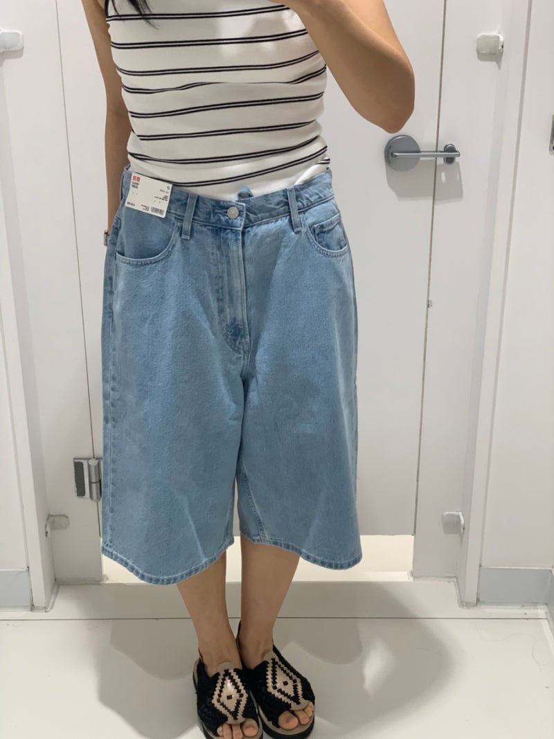 유니클로 데님쇼트팬츠 사이즈, 컬러 163cm 여자 S, XS 비교. 여자 데님 버뮤다 팬츠 코디