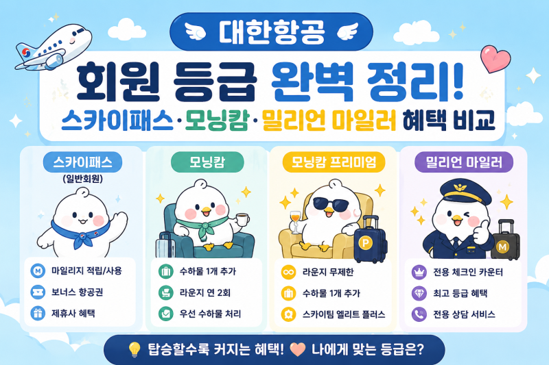 대한항공 회원 등급 총정리! 스카이패스·모닝캄·밀리언 마일러 혜택 비교