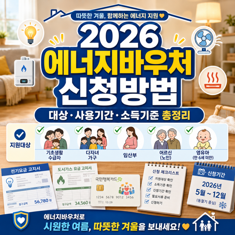 2026 에너지바우처 신청방법, 대상·사용기간·소득기준·다자녀·임산부까지 총정리