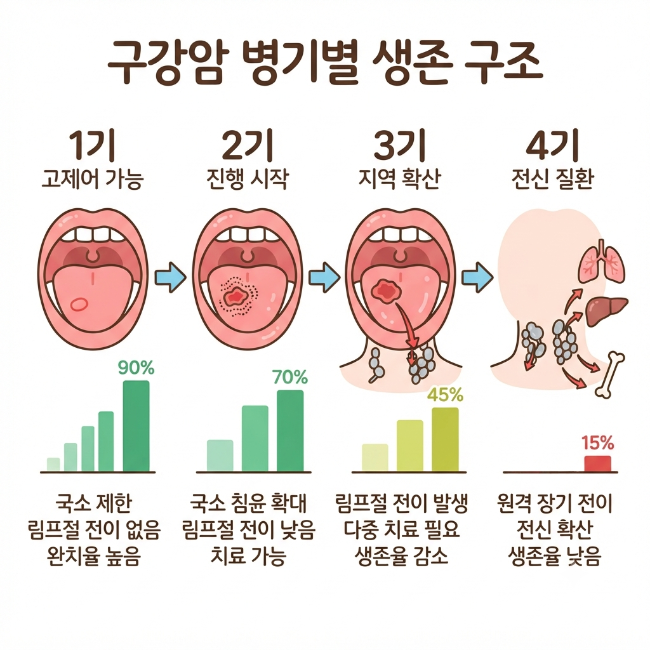 구강암 생존율 총정리｜병기·전이·생물학적 공격성이 결정하는 예후 구조