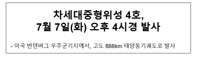 <b>차세대중형위성 4호</b>, 7월 7일(화) 오후 4시경 발사