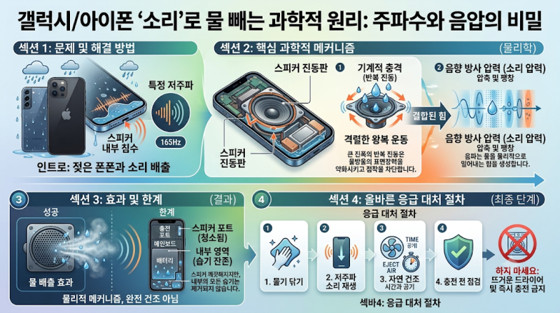 갤럭시나 아이폰이 물에 빠졌을 때 ‘소리’로 물을 빼는 과학적 원리: 주파수와 음압의 비....
