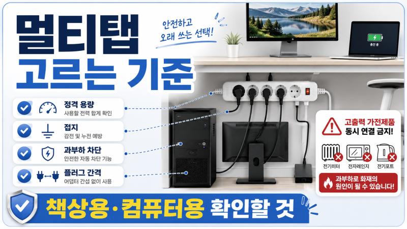 멀티탭 고르는 기준, 책상용·컴퓨터용은 용량·접지·간격부터 확인하세요
