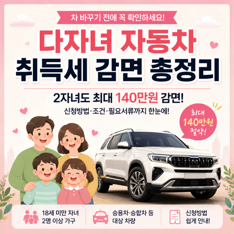 다자녀 자동차 취득세 감면 2026 총정리｜2자녀도 최대 140만원 감면? 신청방법·조건까지