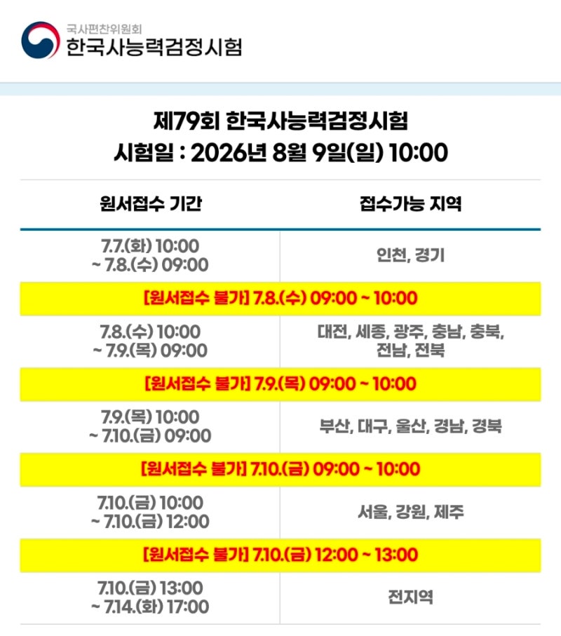 2026년 한능검 전체 시험 일정, 접수 일정, 접수 비용, 취수료