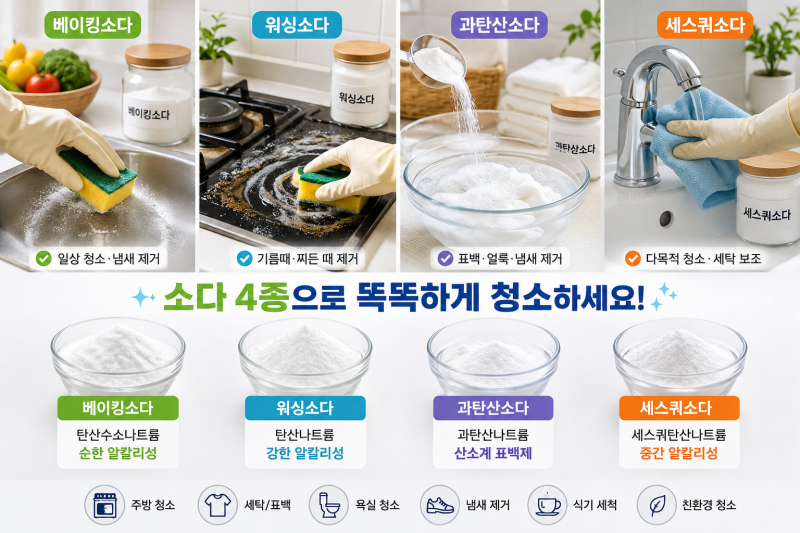 베이킹소다 워싱소다 과탄산소다 세스퀴소다 차이 한번에 정리