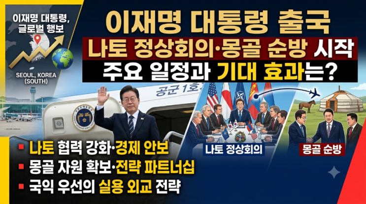 <b>이재명</b> 대통령 출국, 나토 정상회의·<b>몽골 순방</b> 시작…주요... 