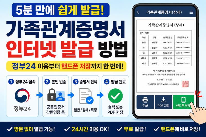 가족관계증명서 인터넷발급 상세 정부24 및 핸드폰 저장 요령방법
