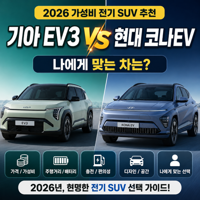 2026 가성비 전기 SUV 추천, 기아 EV3 vs 현대 코나EV 나에게 맞는 차는?