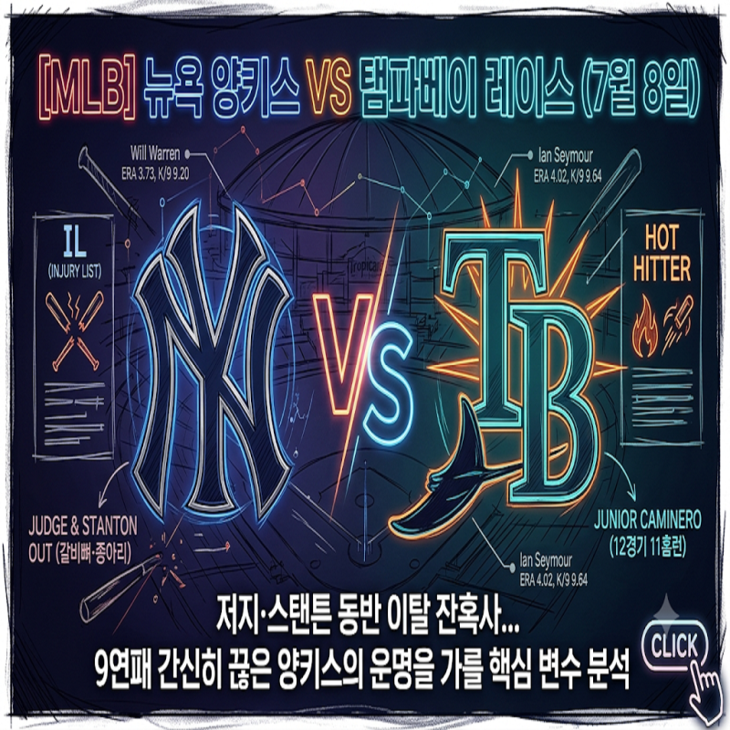 [MLB] 뉴욕 양키스 VS 탬파베이 레이스 (7월 8일) 차포 떨어진 양키스 타선과 탬파베이 '괴물 신....