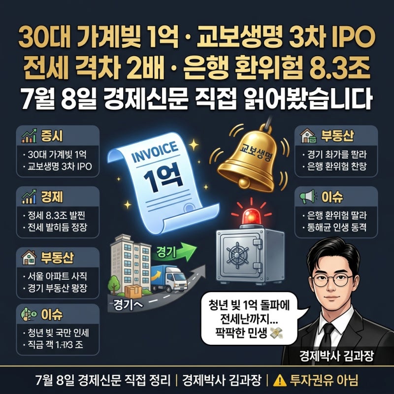 7월8일 경제신문 직접 읽어봤습니다 (교보생명 IPO 재추진, 30대 가계빚 평균 대출 1억 돌파 왜,....