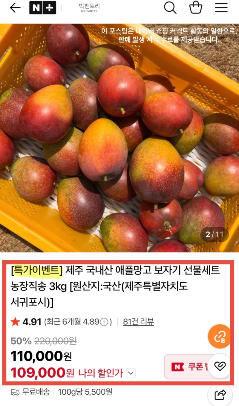 신라호텔 납품 애플망고 3kg 특가 떴네요! 국내산 제주 애플망고 특가이벤트