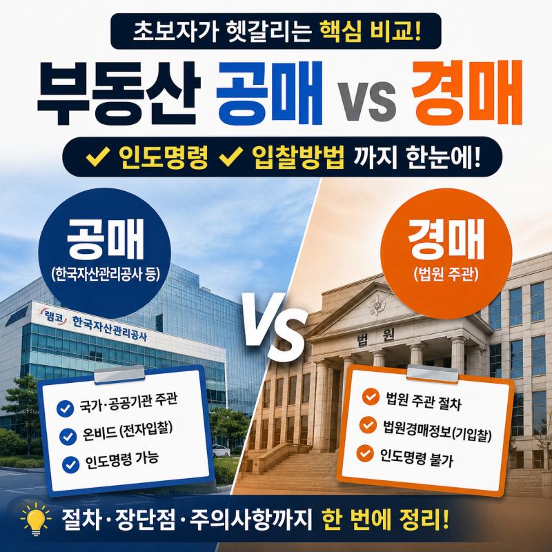 부동산 공매와 경매 차이 초보자가 헷갈리는 7가지 핵심 비교 (인도명령·입찰방법까지)
