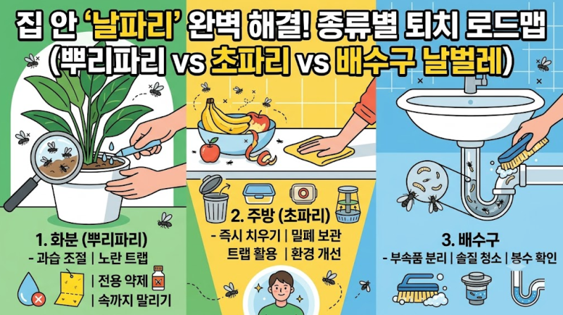 집에 날파리 생기는 이유 초파리 뿌리파리 배수구 날벌레 원인별 퇴치법 총정리