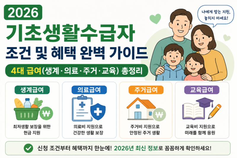 2026 기초생활수급자 조건 및 혜택 완벽 가이드: 4대 급여(생계·의료·주거·교육) 총정리