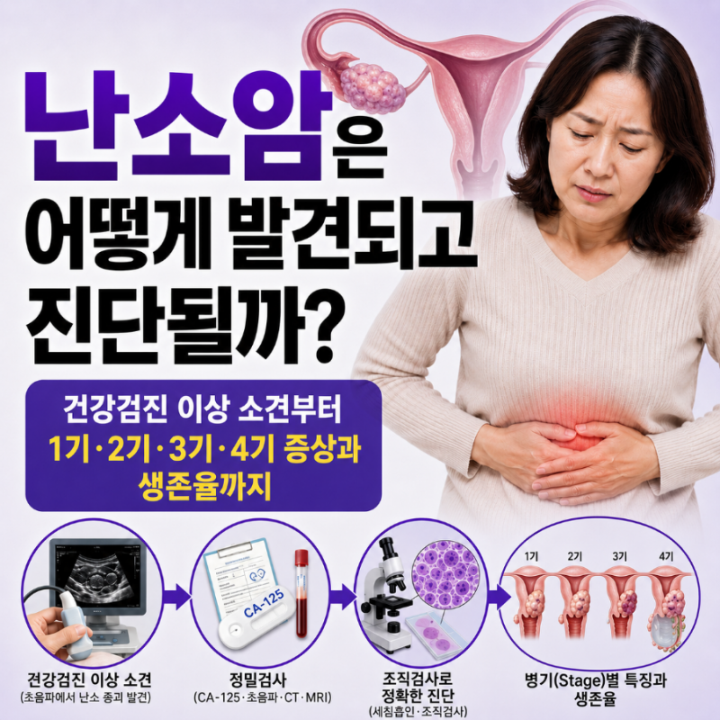 난소암은 어떻게 발견되고 진단될까? 건강검진 이상 소견부터 1기·2기·3기·4기 증상과 생존....