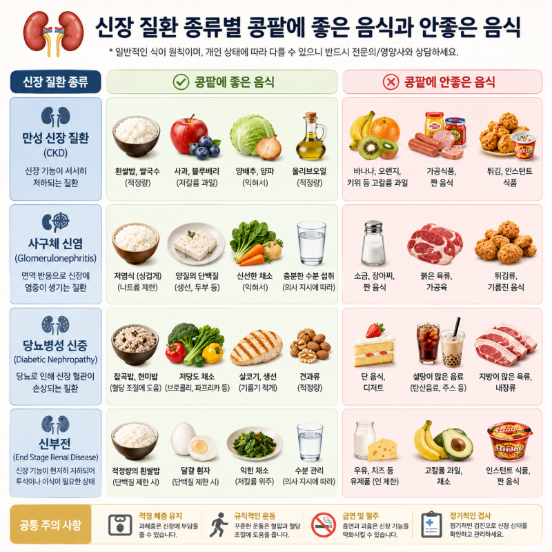 신장 질환 종류별 콩팥에 좋은 음식 vs 안좋은 음식 총정리 (물 섭취 가이드 포함)