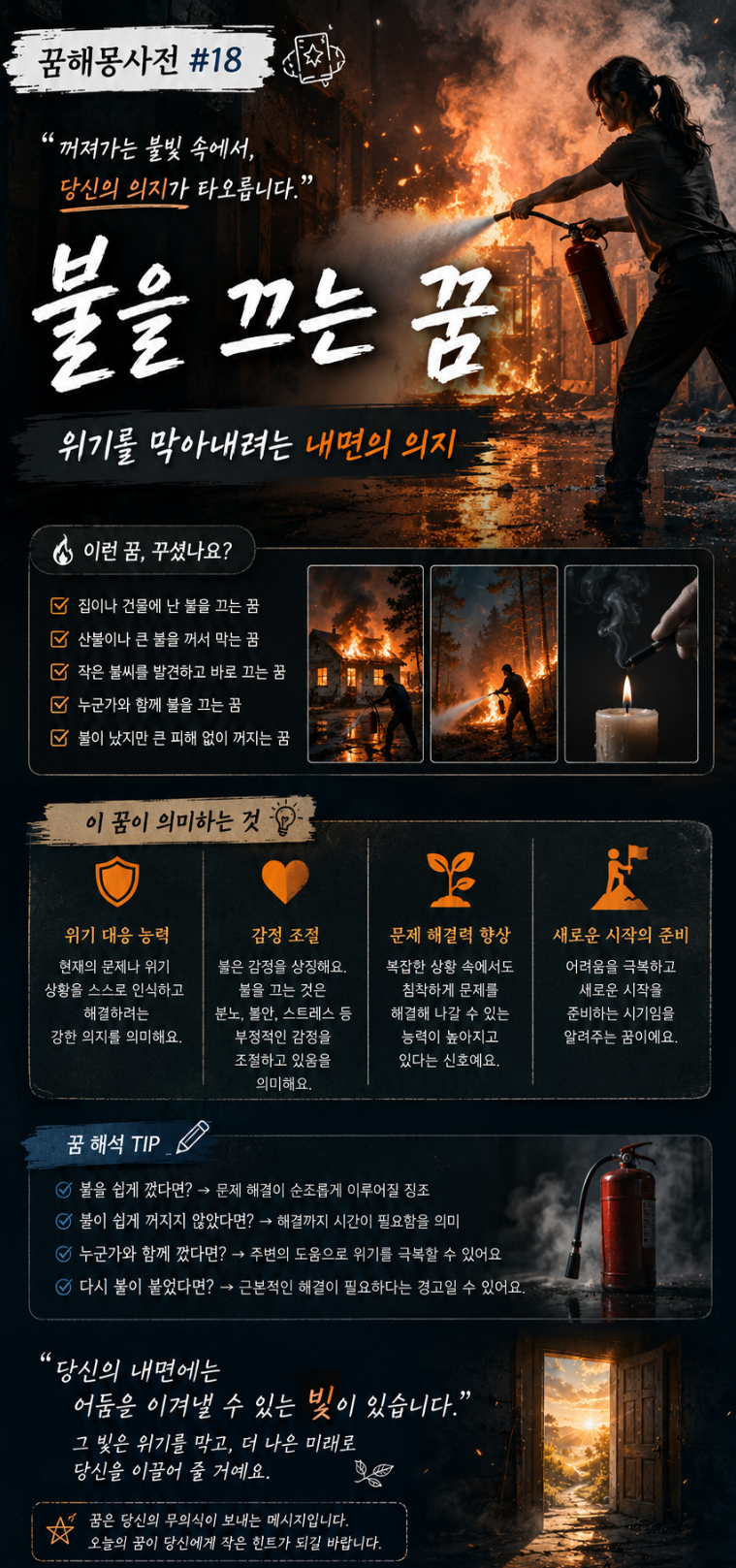 【꿈해몽사전#18】 불을 끄는 꿈 — 위기를 막아내려는 내면의 의지