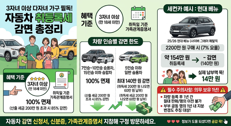 [2026 다자녀 혜택] 3자녀 자동차 취등록세 감면 조건 및 필수 주의사항 총정리