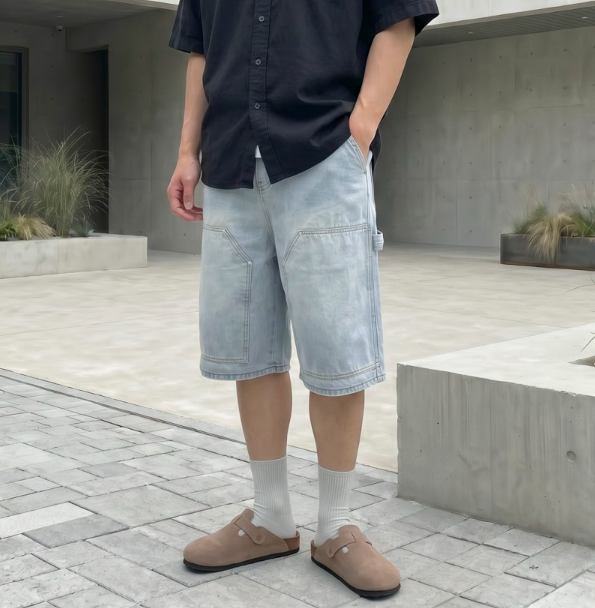"휴가 사진마다 바지만 눈에 띄었다더라" 50대도 부담 없이 입는 남자 카펜터 데님 버뮤다 팬....