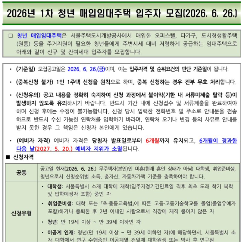 2026년 SH 청년매입임대주택 입주자격 조건 신청방법 (강남 서초 송파)