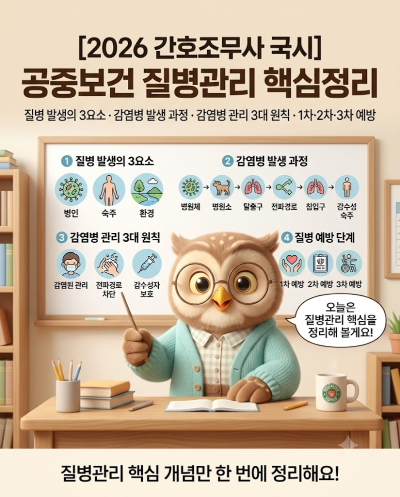 [2026 간호조무사 국시] 공중보건 질병관리 핵심정리｜역학적 삼각형·감염병 발생 과정·1차 2....