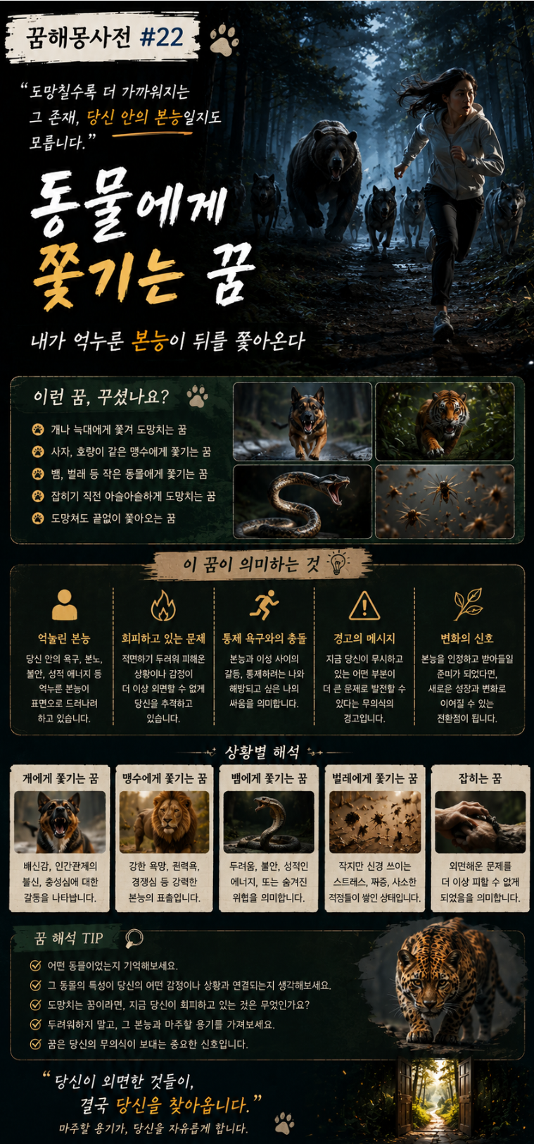 【꿈해몽사전#22】 동물에게 쫓기는 꿈 — 내가 억누른 본능이 뒤를 쫓아온다