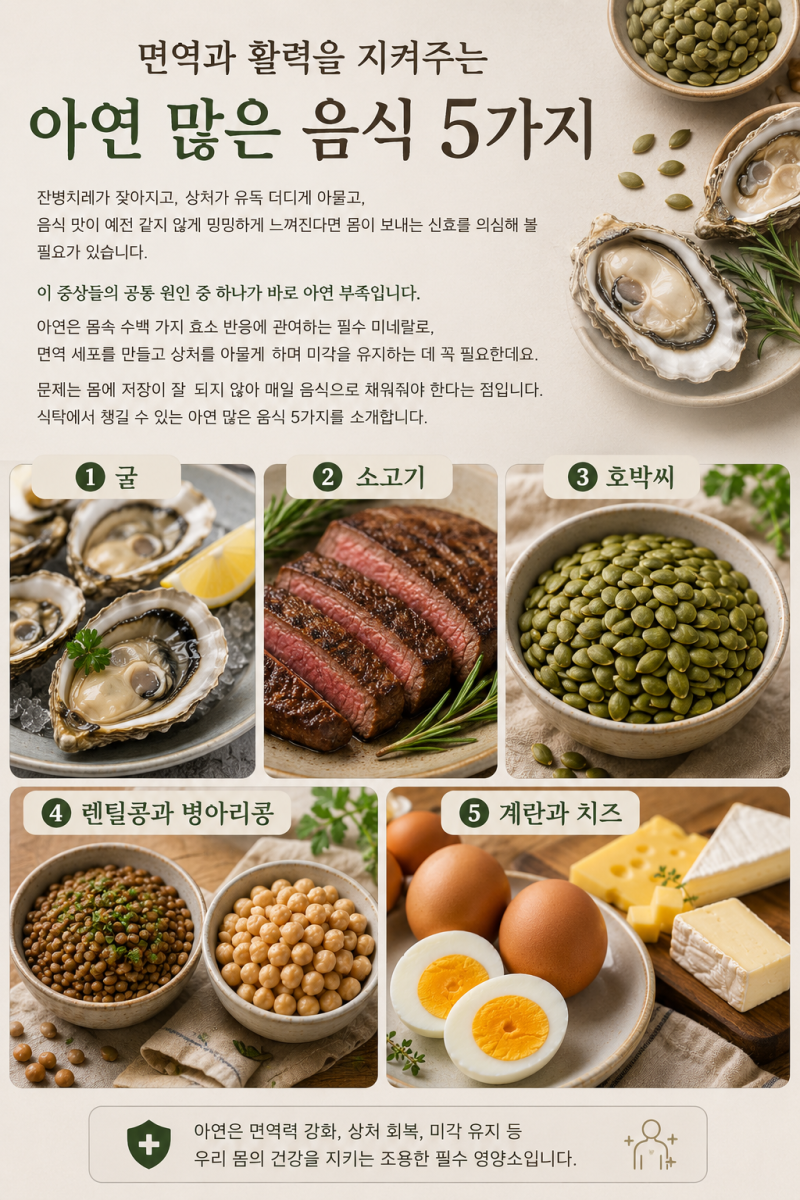 면역과 활력을 지켜주는 아연 많은 음식 5가지