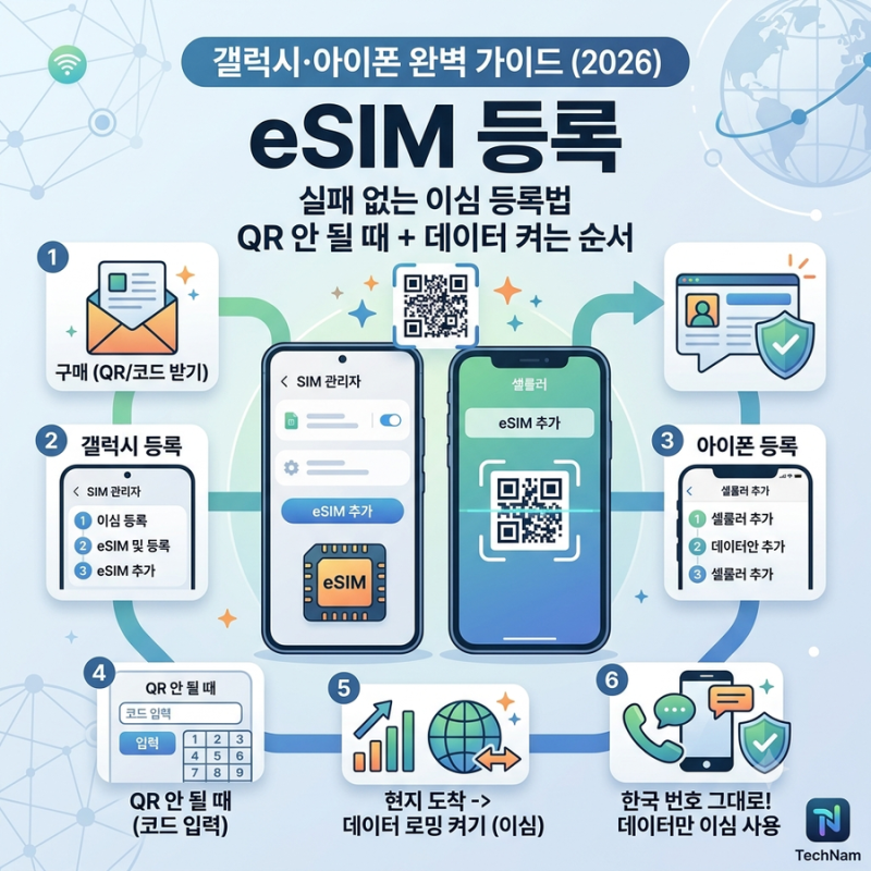 갤럭시 아이폰 eSIM 등록하는 법 | QR 안 될 때·데이터 켜는 순서까지 (2026)