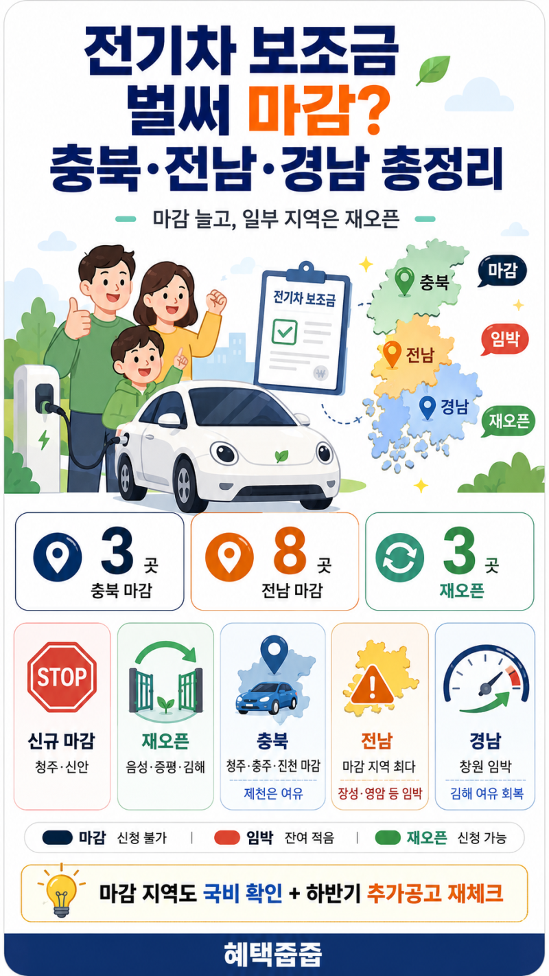 [업데이트] 전기차 보조금 벌써 마감? 충북·전남·경남 시군별 소진 현황 총정리(2026. 7. 9. 기....