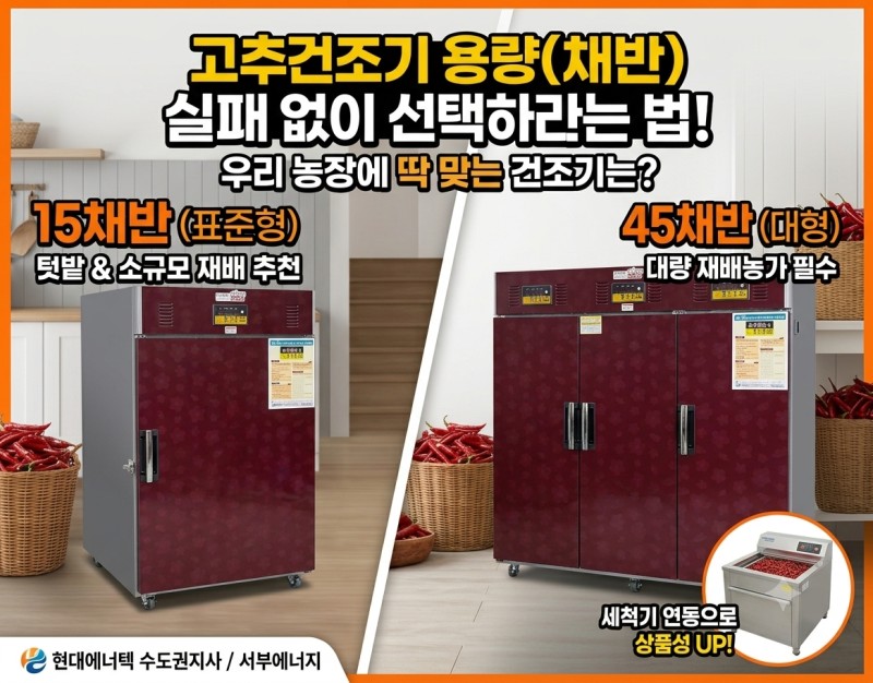 현대에너텍 농산물 고추건조기 추천 15채반 45채반 용량 선택 기준