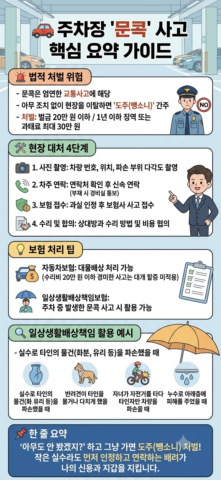 주차장 '문콕' 사고, 그냥 가면 처벌? 알아두어야 할 핵심 4가지!