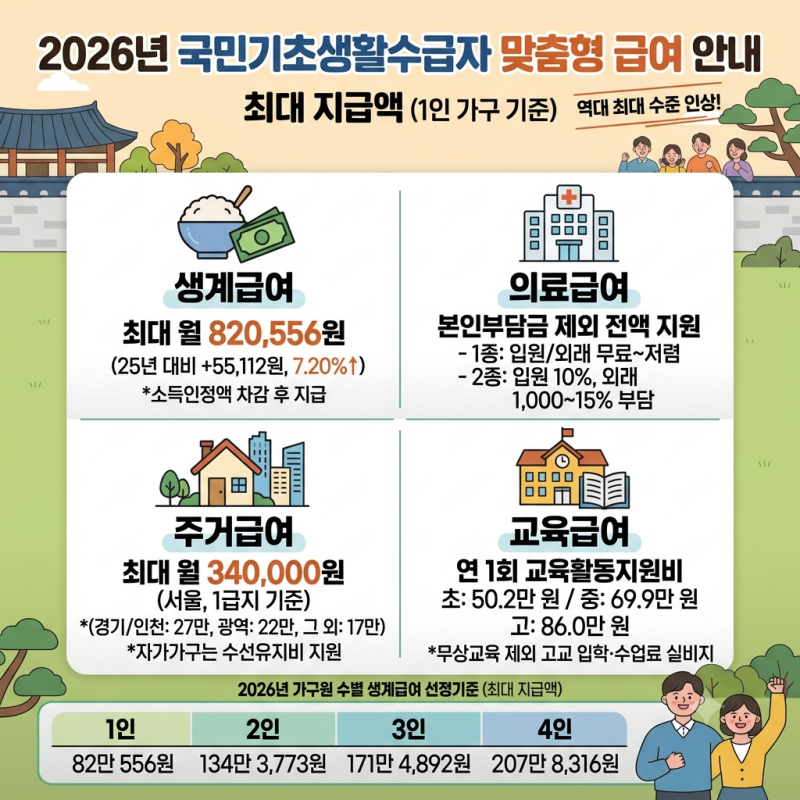2026년 국민기초생활수급자 생계,의료,교육,주거 급여 최대지급액 및 부양의무자 기준