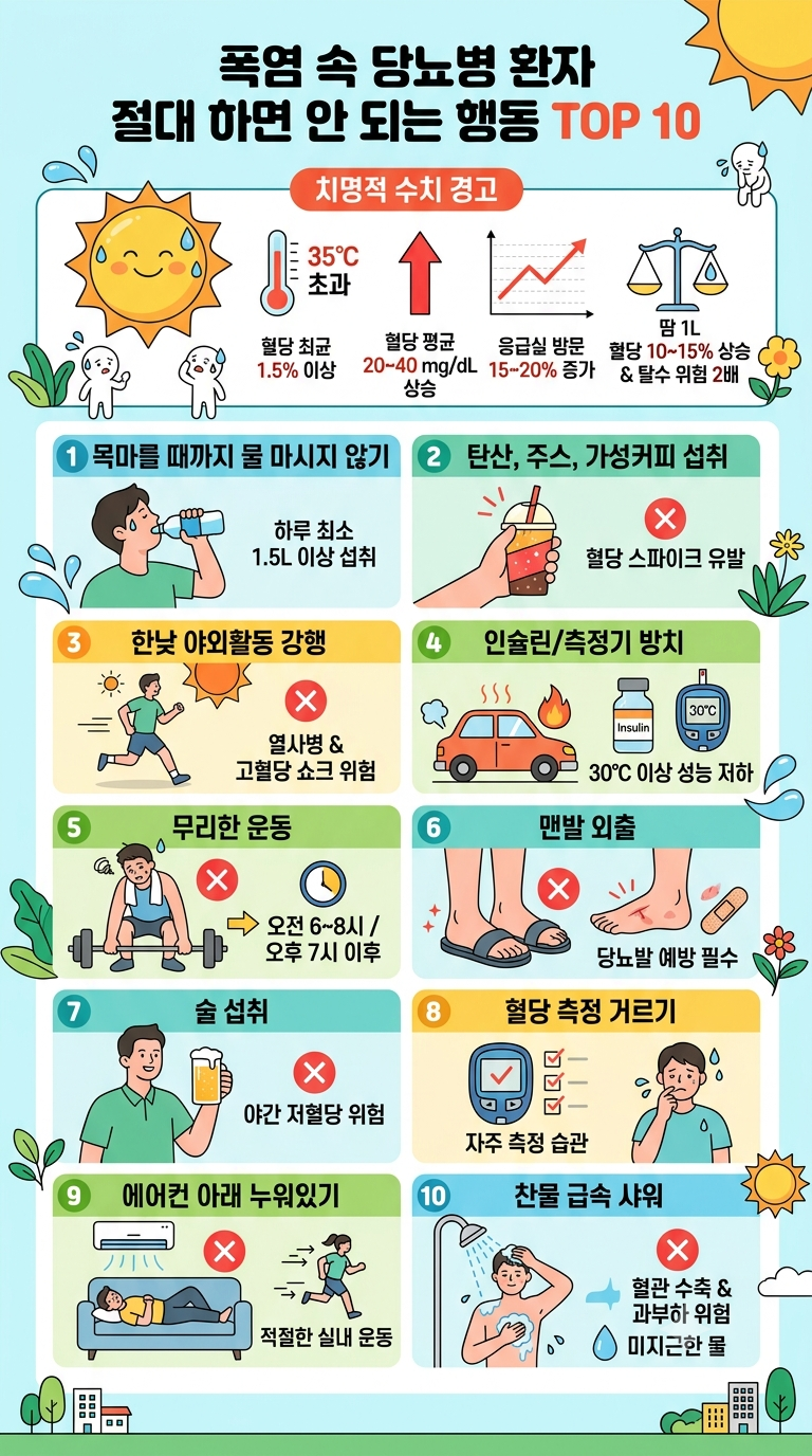 기온 35℃ 넘으면 혈당 치솟는다? 폭염 속 당뇨병 환자가 절대 하면 안 되는 행동 TOP 10